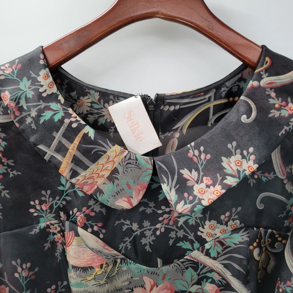 Selkie Lala Land Night in Paris Puff Dress 1X Black Floral Layered Mini Pheasant - Picture 6 of 16